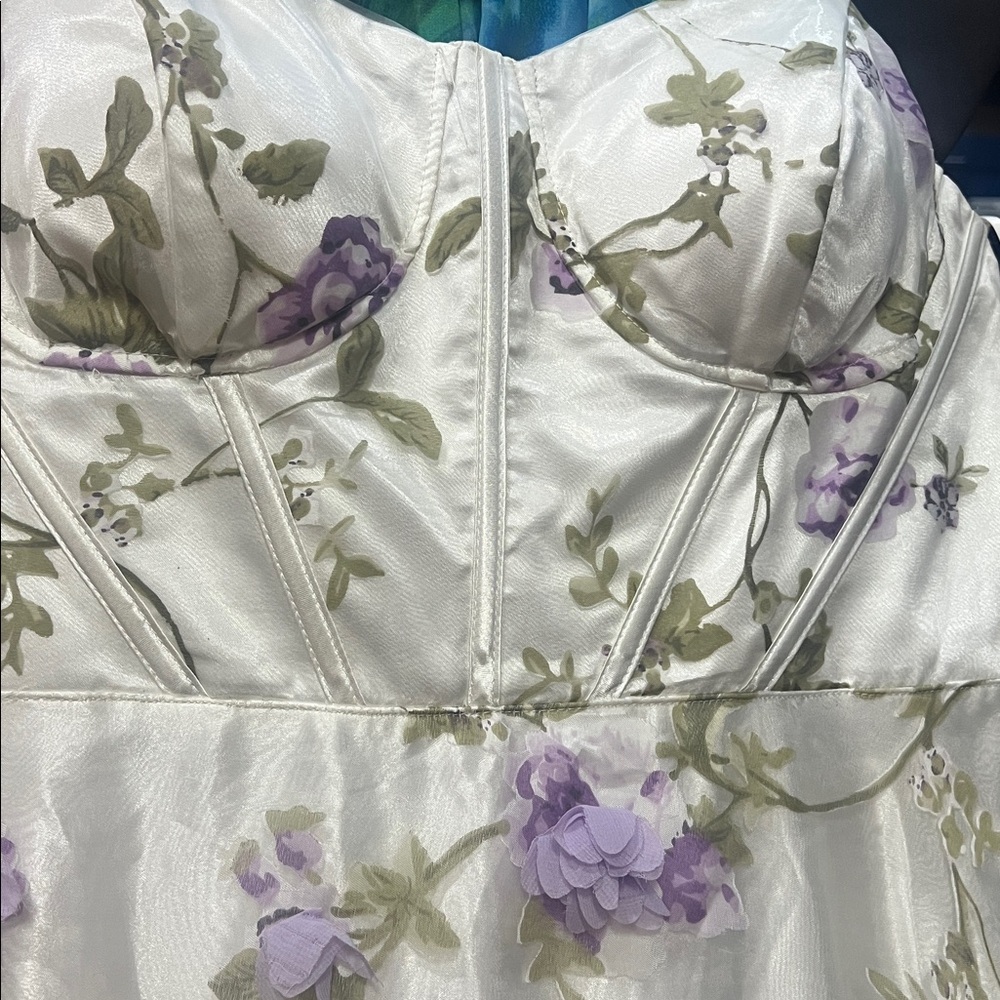 Floral Spaghetti-Strap Evening Gown - White with Lavender Flowers - Picture 4 of 8
